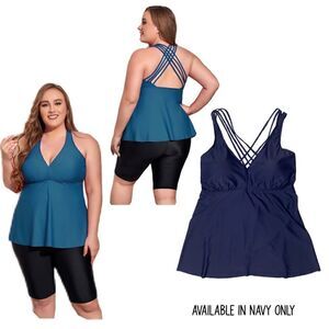 NWT Firpearl Plus Size Navy Bathing Suit for Women Flowy Tankini Top  sz…